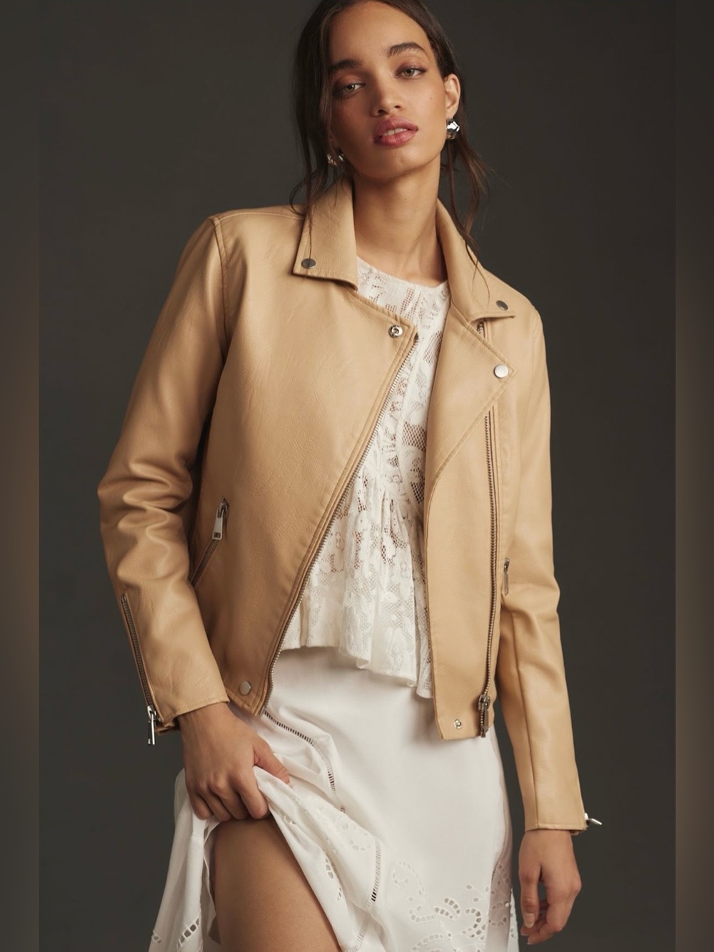 Anthropologie Saige Faux Leather Moto Jacket in Sand size XS